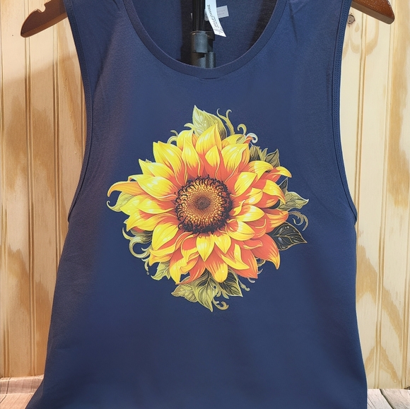 Navy Sunflower Delight Bella Canvas Graphic Muscle Tee - Picture 8 of 10